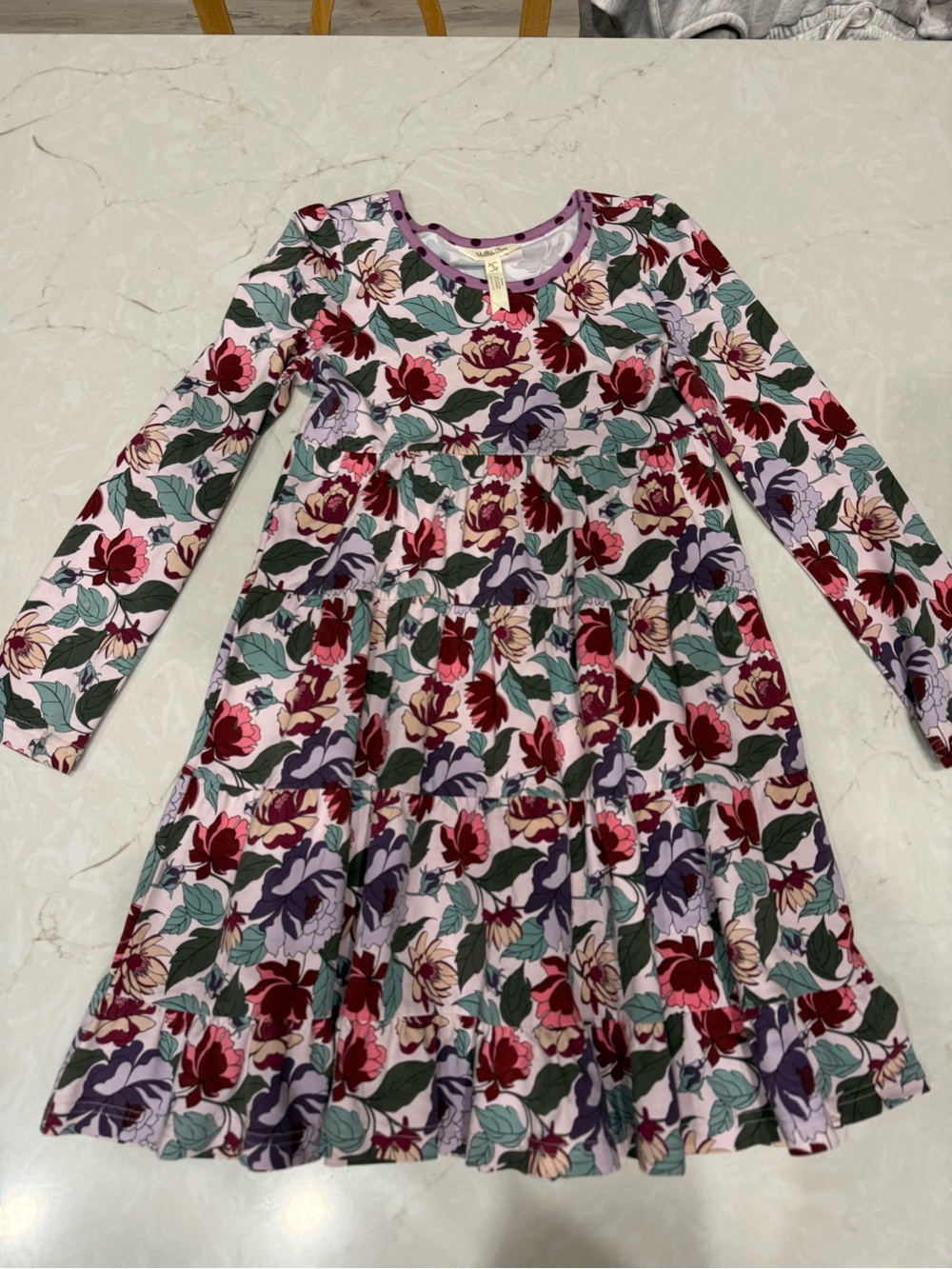 Matilda Jane Pink Floral Tiered Long Sleeve Dress with Green Leaves